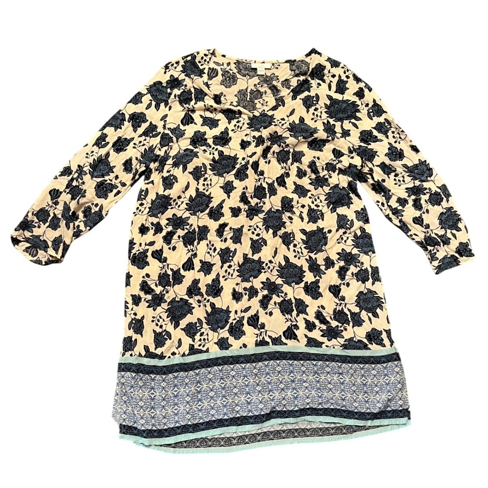 J.Jill Tunic Dress Womens Cream Blue Floral Border Print 3/4 Sleeve Large